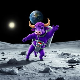 A vibrant purple bull dressed in a futuristic astronaut suit, exploring the desolate landscape of the moon