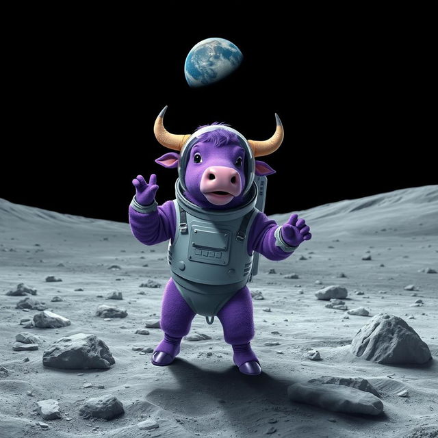 A vibrant purple bull dressed in a futuristic astronaut suit, exploring the desolate landscape of the moon