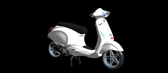 A stylish Vespa scooter rendered in 3D, featuring a sleek white body with chrome detailing