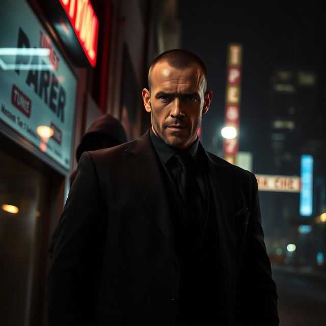 An intense cinematic scene featuring Jason Statham as a hitman