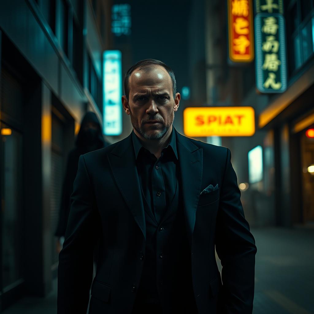 An intense cinematic scene featuring Jason Statham as a hitman