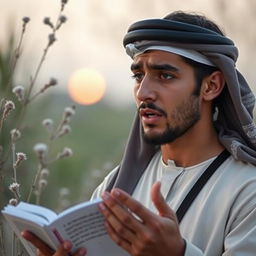 A young Arab man, looking visibly sad, passionately articulating poetry