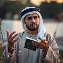 A young Arab man, looking visibly sad, passionately articulating poetry