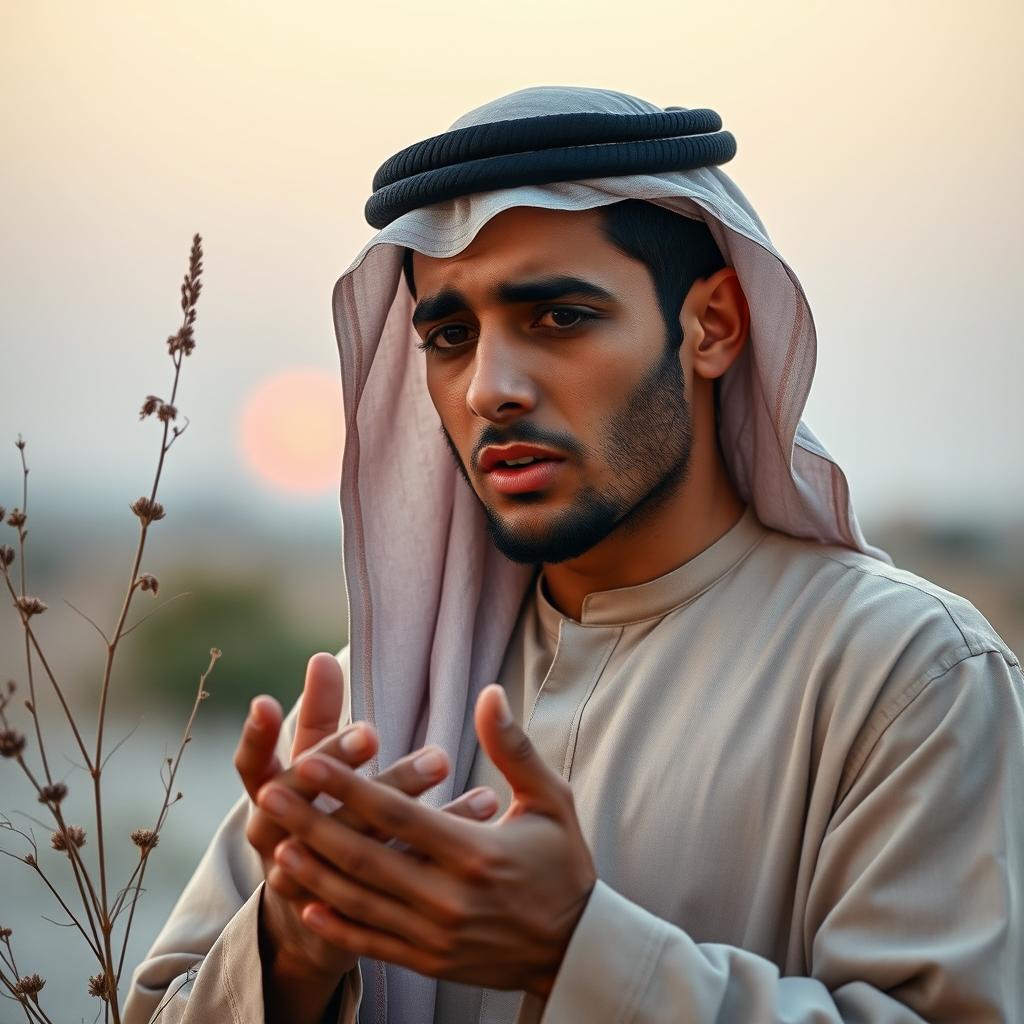 A young Arab man, looking visibly sad, passionately articulating poetry