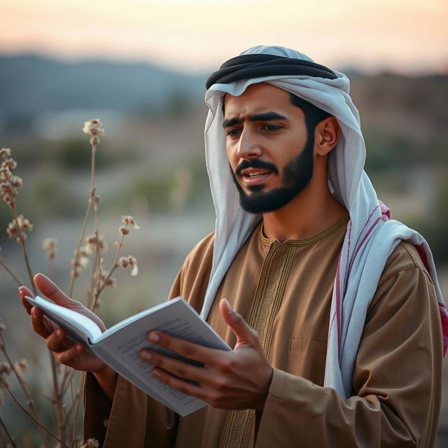 A young Arab man, looking visibly sad, passionately articulating poetry