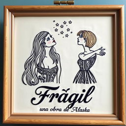 An embroidered frame featuring two young women illustrated with intricate patterns