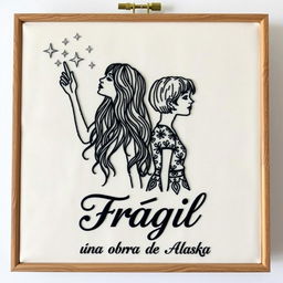 An embroidered frame featuring two young women illustrated with intricate patterns