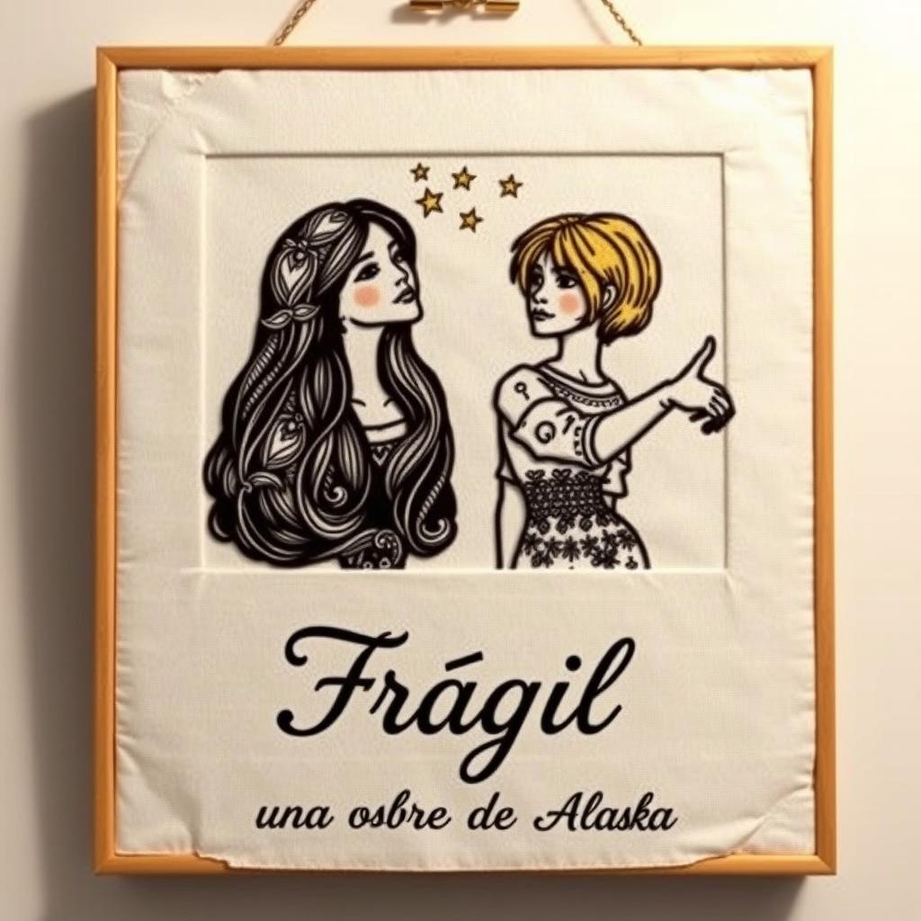 An embroidered frame featuring two young women illustrated with intricate patterns