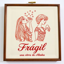 An embroidered frame featuring two young women illustrated with intricate patterns