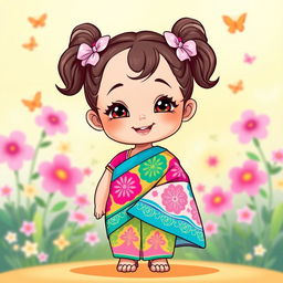 A charming cartoon illustration of a little cute girl wearing a colorful kandy saree