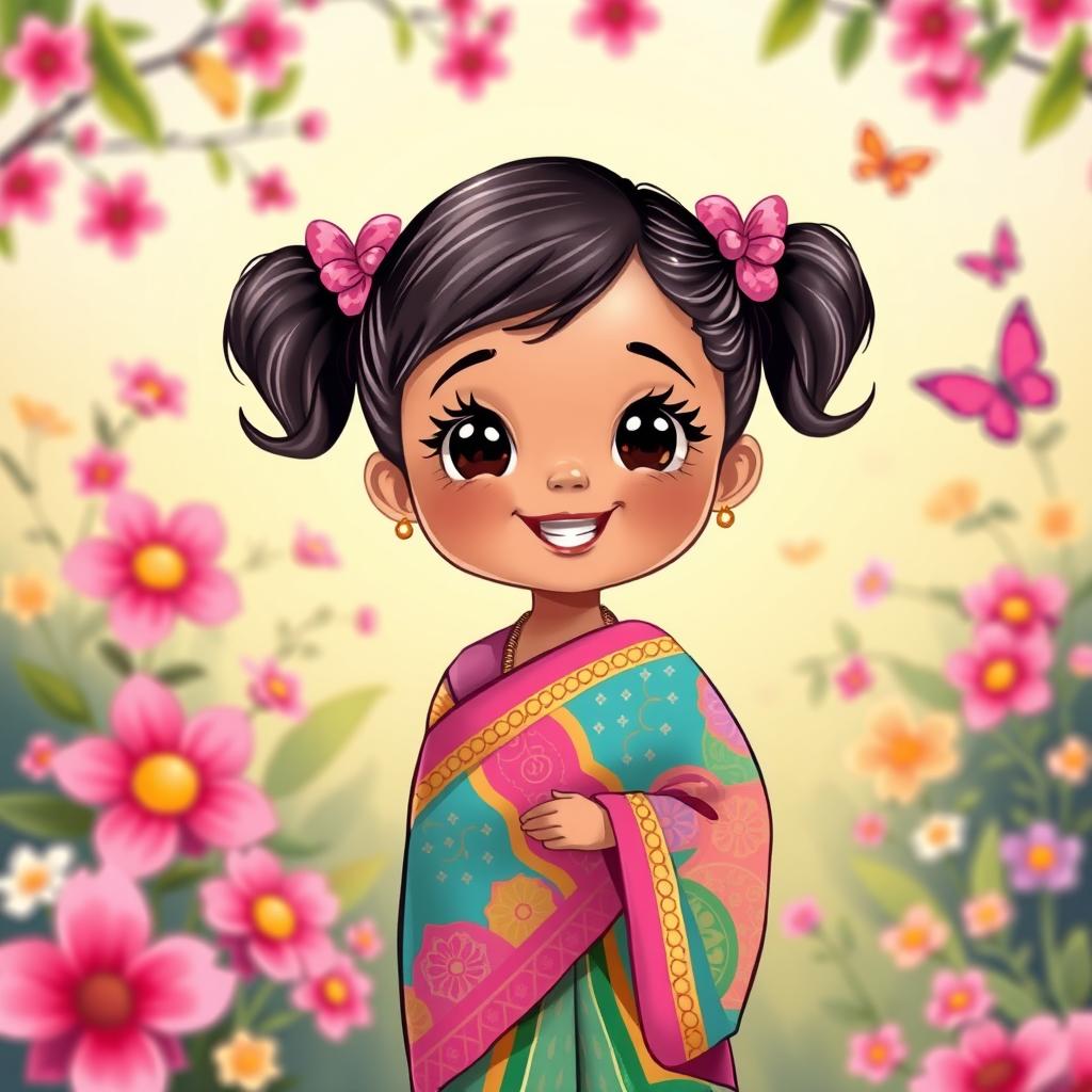 A charming cartoon illustration of a little cute girl wearing a colorful kandy saree
