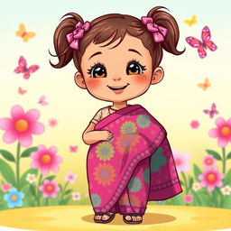 A charming cartoon illustration of a little cute girl wearing a colorful kandy saree