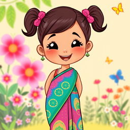 A charming cartoon illustration of a little cute girl wearing a colorful kandy saree