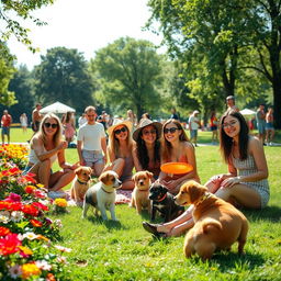 A vibrant, cheerful scene in a park filled with colorful flowers, playful puppies, and friends enjoying a sunny day