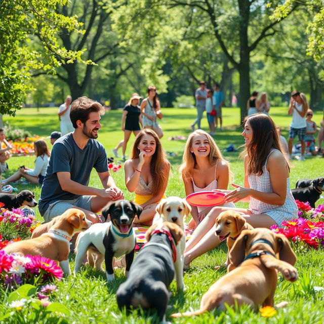 A vibrant, cheerful scene in a park filled with colorful flowers, playful puppies, and friends enjoying a sunny day