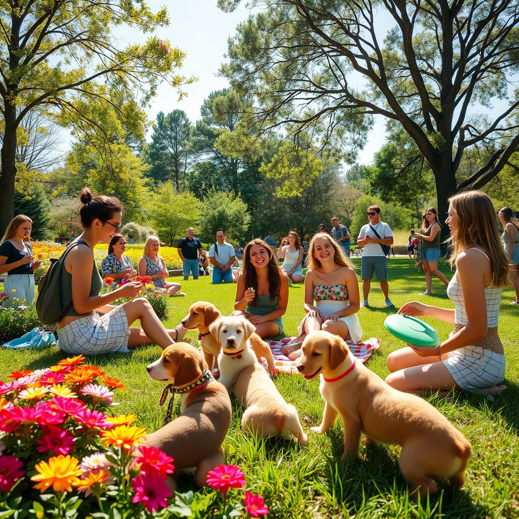 A vibrant, cheerful scene in a park filled with colorful flowers, playful puppies, and friends enjoying a sunny day