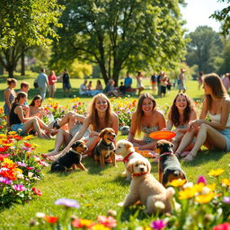 A vibrant, cheerful scene in a park filled with colorful flowers, playful puppies, and friends enjoying a sunny day