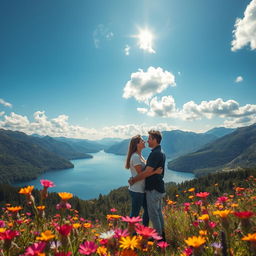 A beautiful and vivid landscape background, featuring a serene lake surrounded by lush green mountains under a bright blue sky with fluffy white clouds