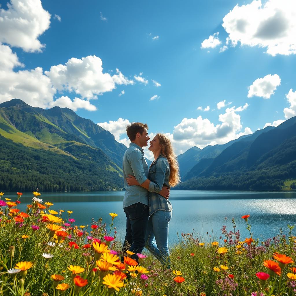 A beautiful and vivid landscape background, featuring a serene lake surrounded by lush green mountains under a bright blue sky with fluffy white clouds