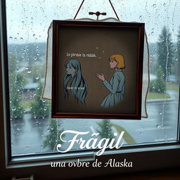 An embroidered frame resting on a window overlooking the rain, depicting intricate patterns featuring two young women illustrated within
