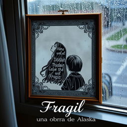 An embroidered frame resting on a window overlooking the rain, depicting intricate patterns featuring two young women illustrated within
