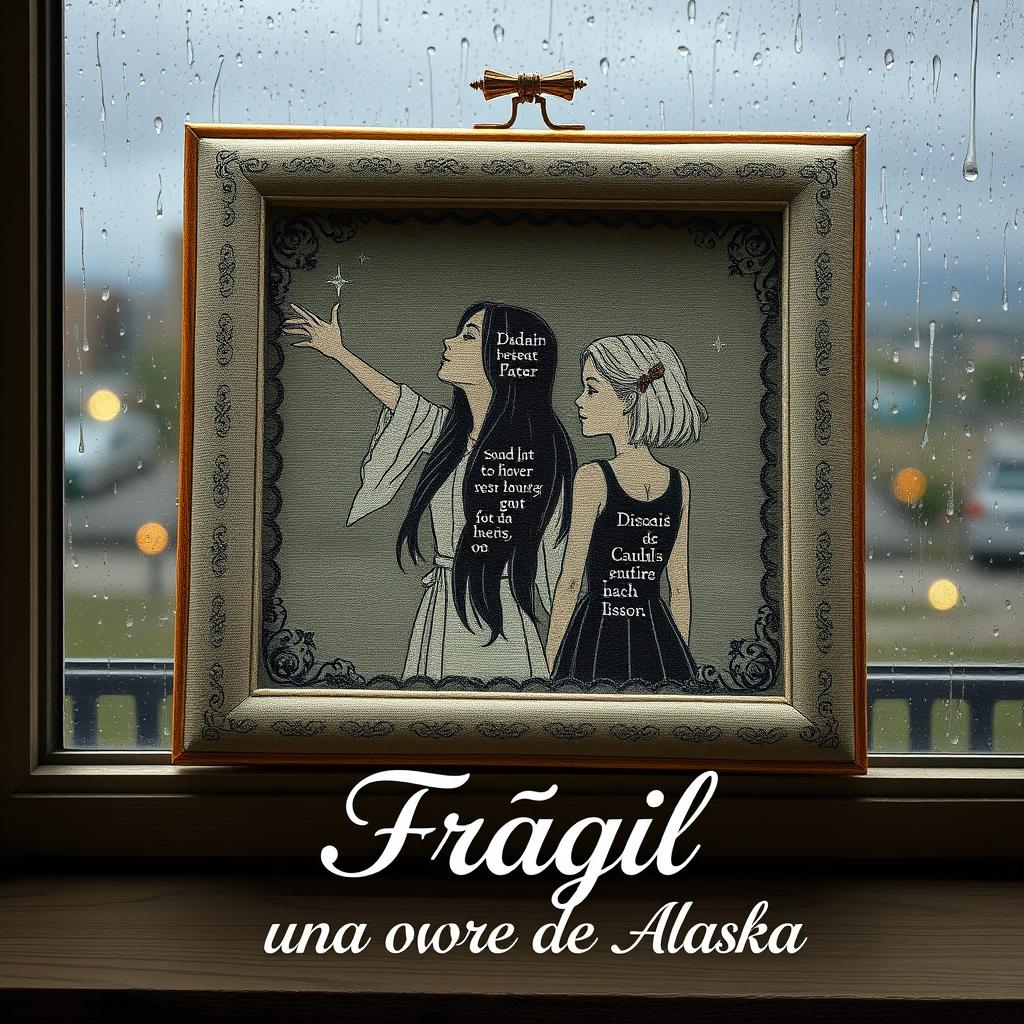 An embroidered frame resting on a window overlooking the rain, depicting intricate patterns featuring two young women illustrated within