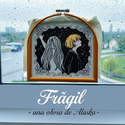 An embroidered frame resting on a window overlooking the rain, depicting intricate patterns featuring two young women illustrated within