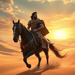 A majestic scene of Rostam, the legendary hero from Persian mythology, bravely navigating the third trial in a vast, arid desert