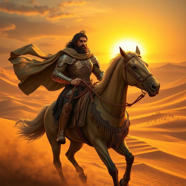 A majestic scene of Rostam, the legendary hero from Persian mythology, bravely navigating the third trial in a vast, arid desert