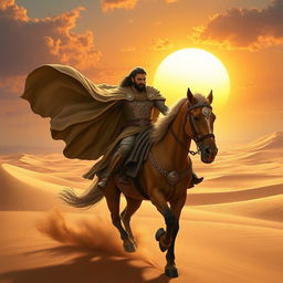 A majestic scene of Rostam, the legendary hero from Persian mythology, bravely navigating the third trial in a vast, arid desert