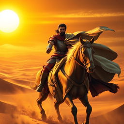 A majestic scene of Rostam, the legendary hero from Persian mythology, bravely navigating the third trial in a vast, arid desert