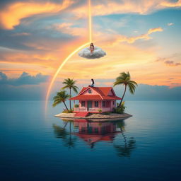 A small secluded island in the middle of a calm blue sea, featuring an attractive pink-colored wooden house with red tile roofing
