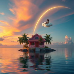 A small secluded island in the middle of a calm blue sea, featuring an attractive pink-colored wooden house with red tile roofing