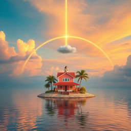 A small secluded island in the middle of a calm blue sea, featuring an attractive pink-colored wooden house with red tile roofing