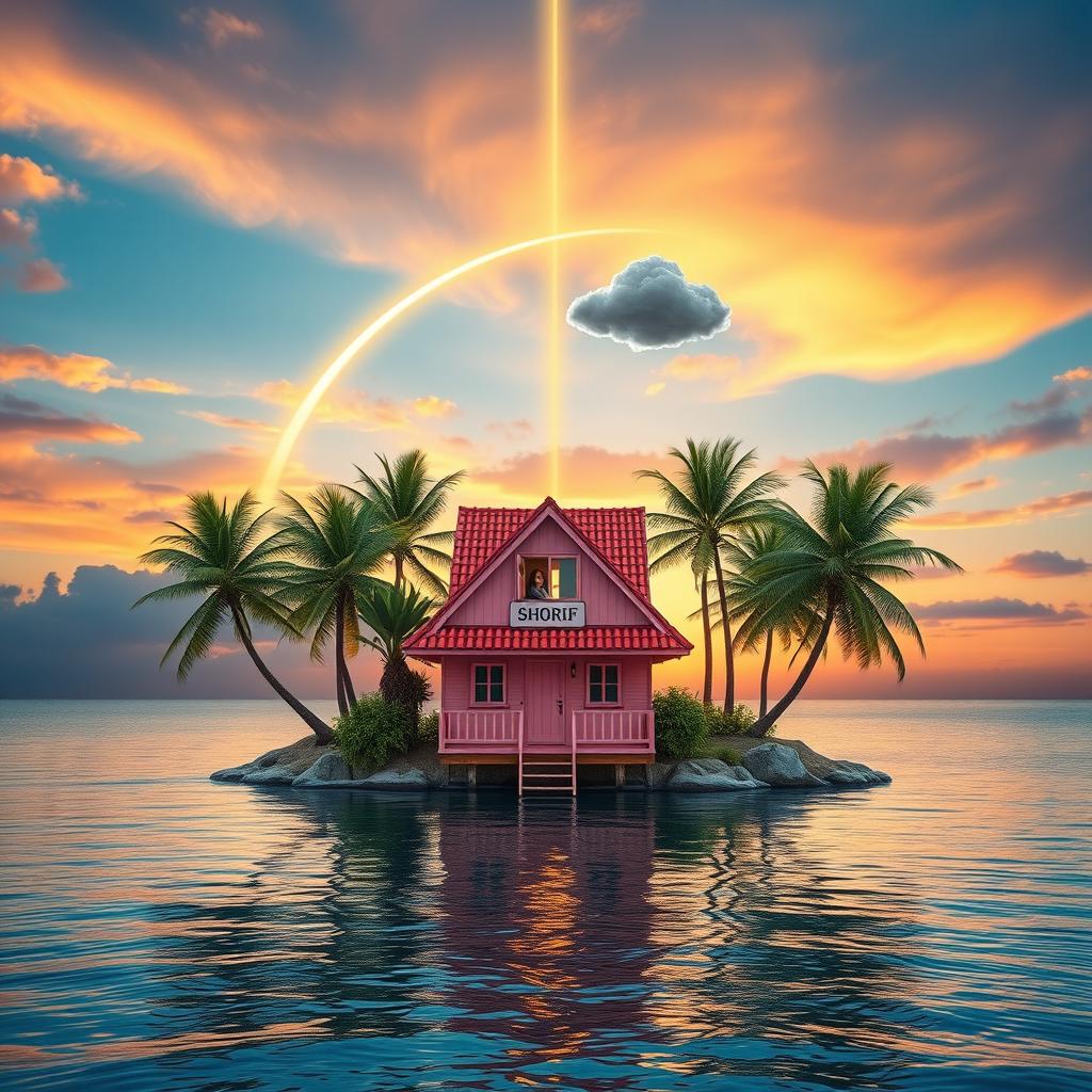 A small secluded island in the middle of a calm blue sea, featuring an attractive pink-colored wooden house with red tile roofing