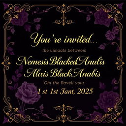 An elegant wedding invitation design featuring the text: 'You're invited to the union between Nemesis Blackheart Anubis & Alexis Blackheart Anubis on the 1st Jan 2025