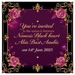 An elegant wedding invitation design featuring the text: 'You're invited to the union between Nemesis Blackheart Anubis & Alexis Blackheart Anubis on the 1st Jan 2025