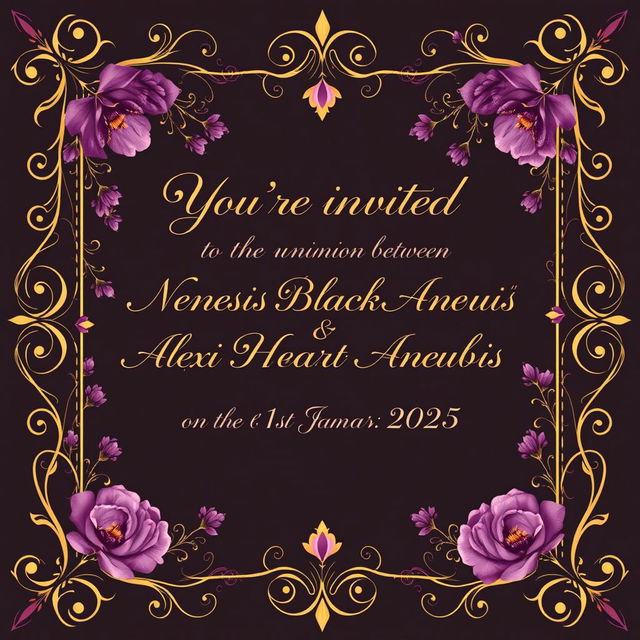 An elegant wedding invitation design featuring the text: 'You're invited to the union between Nemesis Blackheart Anubis & Alexis Blackheart Anubis on the 1st Jan 2025