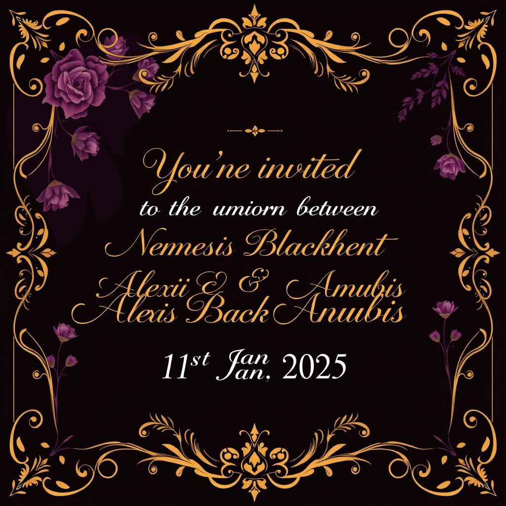 An elegant wedding invitation design featuring the text: 'You're invited to the union between Nemesis Blackheart Anubis & Alexis Blackheart Anubis on the 1st Jan 2025