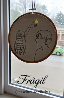 An embroidered picture resting on a window frame, showcasing a rainy scene outside