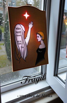An embroidered picture resting on a window frame, showcasing a rainy scene outside