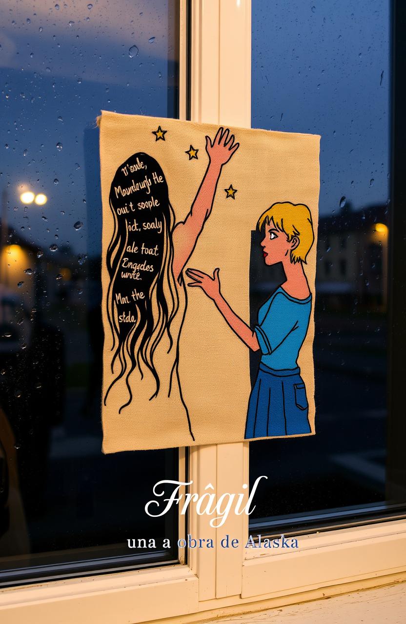 An embroidered picture resting on a window frame, showcasing a rainy scene outside
