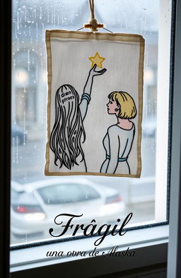 An embroidered picture resting on a window frame, showcasing a rainy scene outside