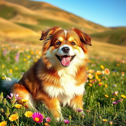 A playful, fluffy dog with a shiny coat, sitting on a grassy field filled with colorful wildflowers