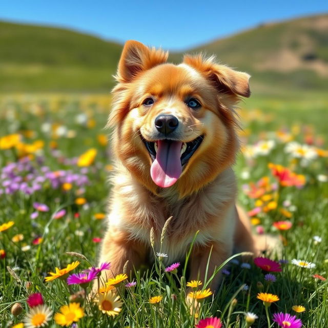 A playful, fluffy dog with a shiny coat, sitting on a grassy field filled with colorful wildflowers