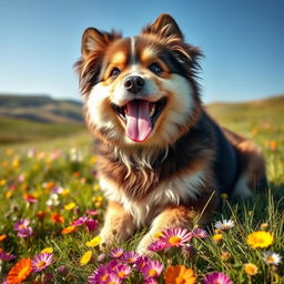 A playful, fluffy dog with a shiny coat, sitting on a grassy field filled with colorful wildflowers