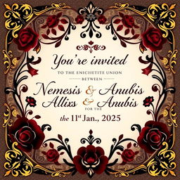 A sophisticated wedding invitation design featuring the text: 'You’re invited to the union between Nemesis Blackheart Anubis & Alexis Blackheart Anubis on the 1st Jan 2025