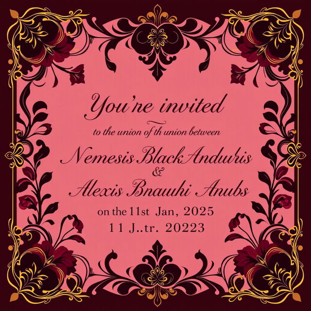 A sophisticated wedding invitation design featuring the text: 'You’re invited to the union between Nemesis Blackheart Anubis & Alexis Blackheart Anubis on the 1st Jan 2025