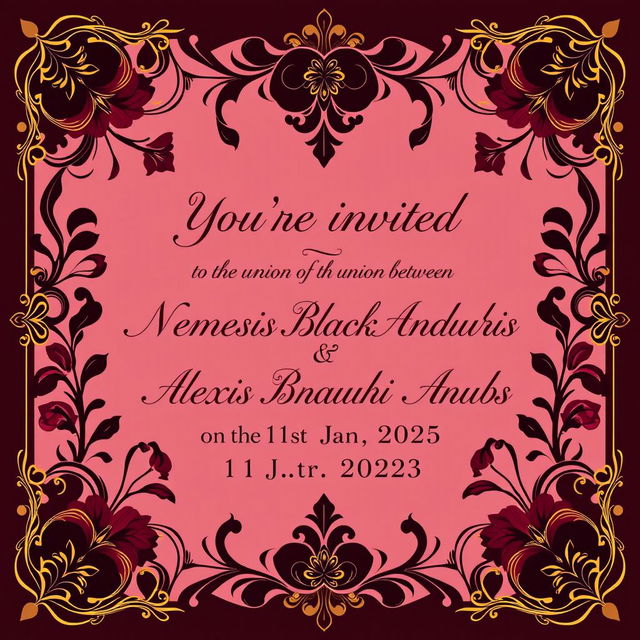 A sophisticated wedding invitation design featuring the text: 'You’re invited to the union between Nemesis Blackheart Anubis & Alexis Blackheart Anubis on the 1st Jan 2025