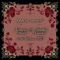 A sophisticated wedding invitation design featuring the text: 'You’re invited to the union between Nemesis Blackheart Anubis & Alexis Blackheart Anubis on the 1st Jan 2025